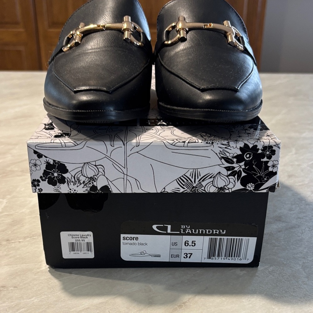 CL by Laundry Black Loafer Mules with Gold Bit Accent
